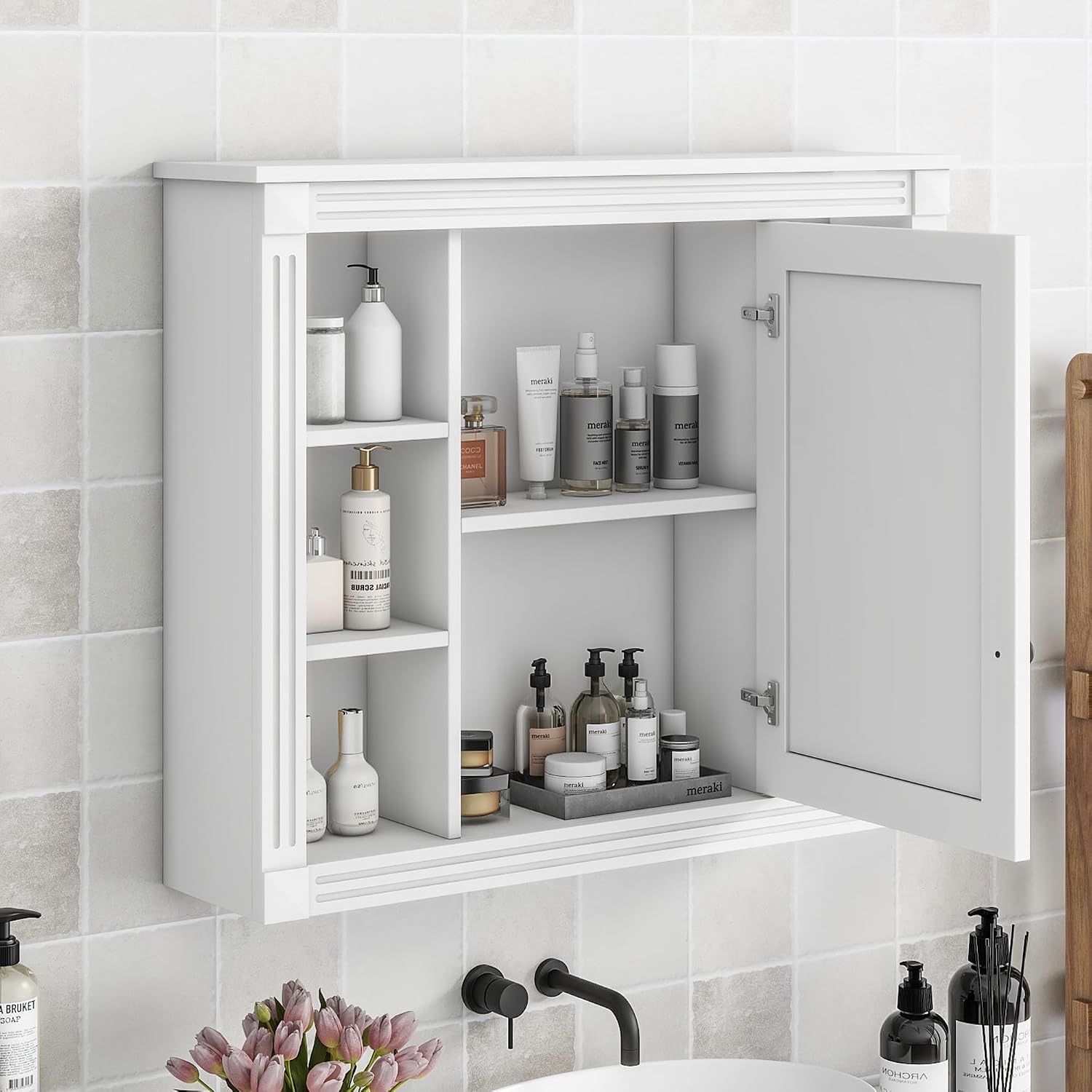 Merax Medicine Cabinet with Mirror, Wall Mount Bathroom Cabinet 35' x 28' Over Toilet Storage Cabinet Organizer with Door and Open Shelves, Mirrored Bathroom Wall Cabinet