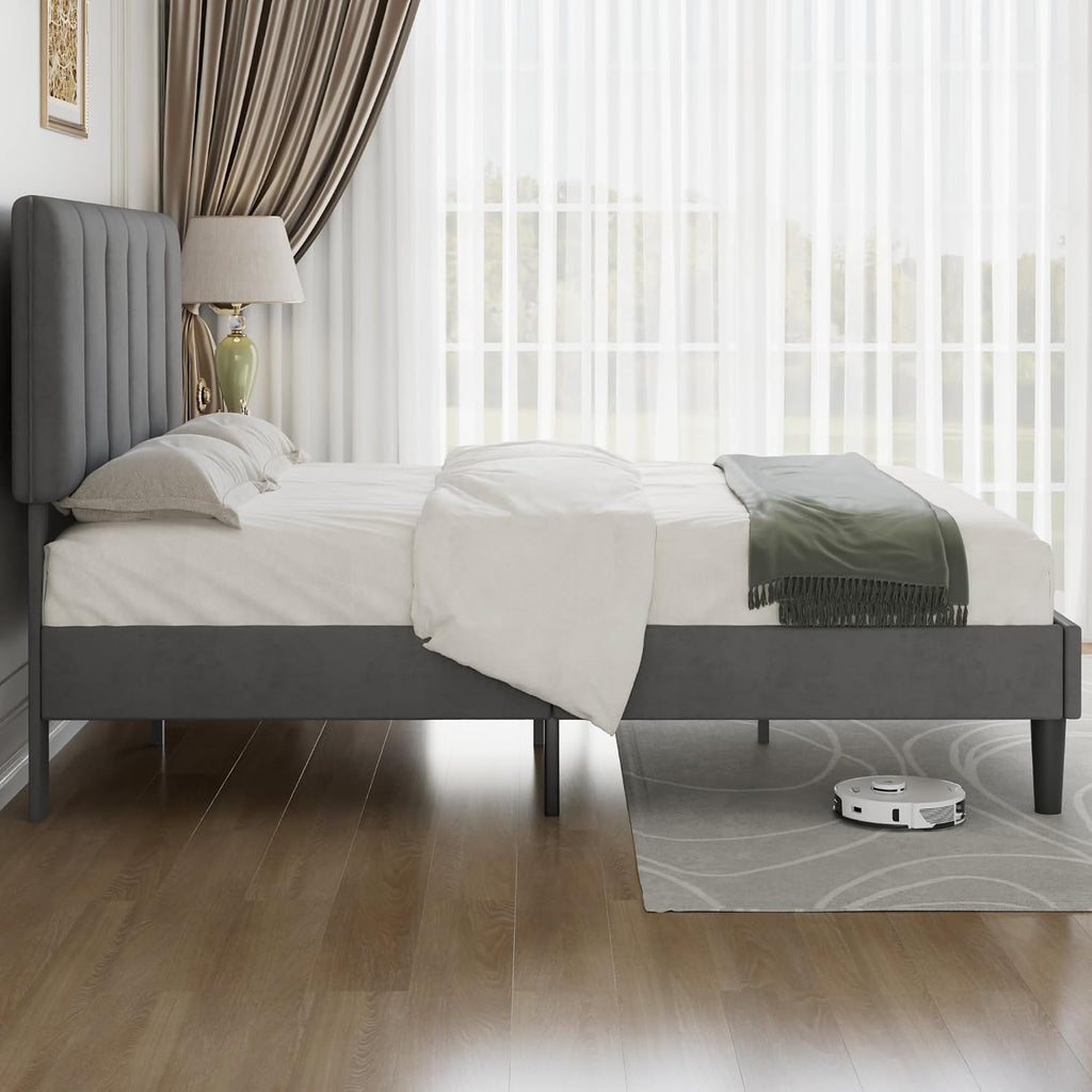 VECELO Queen Bed Frame with Upholstered Headboard, Heavy-Duty Platform Bedframe with Strong Wooden Slats Support, No Boxing Spring Needed, Dark Grey