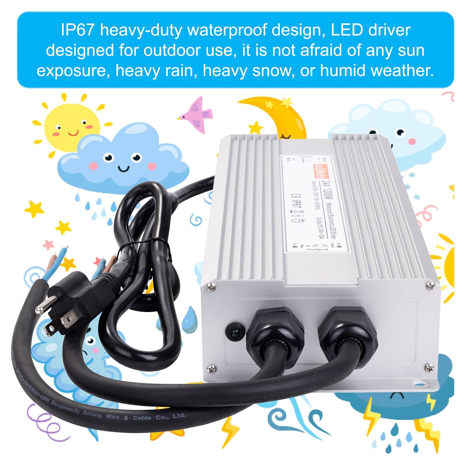 LED Driver 24V 1200W Waterproof Power Supply AC 90-130V to DC 24V50A Low-Voltage Transformer IP67 Rated Converter Suitable for High-Power LED Lighting and Any 24V DC Equipment