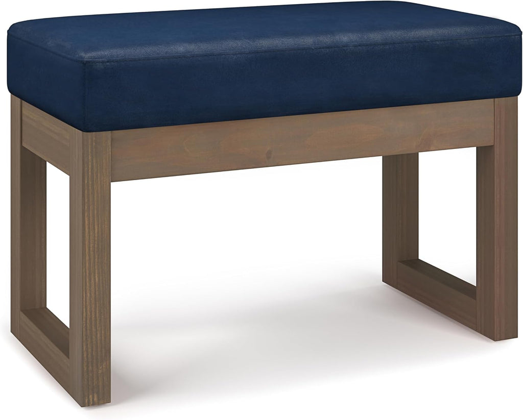 SIMPLIHOME Milltown Small Ottoman Bench - 27' Wide x 18' High Upholstered Vegan Leather Rectangle Footstool Ottoman in Distressed Dark Blue, Contemporary Bench with Cushioned Seat, Assembled