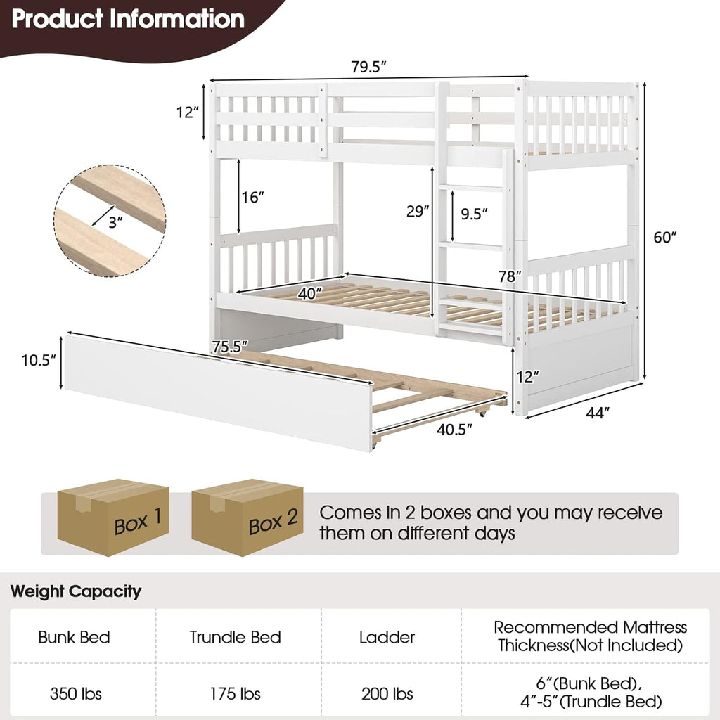 KOMFOTT Wood Twin Over Twin Bunk Bed with Trundle, Solid Pine Wood Bunk Bed Frame with Ladder & Safety Guardrails, Space-Saving Convertible Twin Bed Frame for Home & Dormitory, No Box Spring Needed