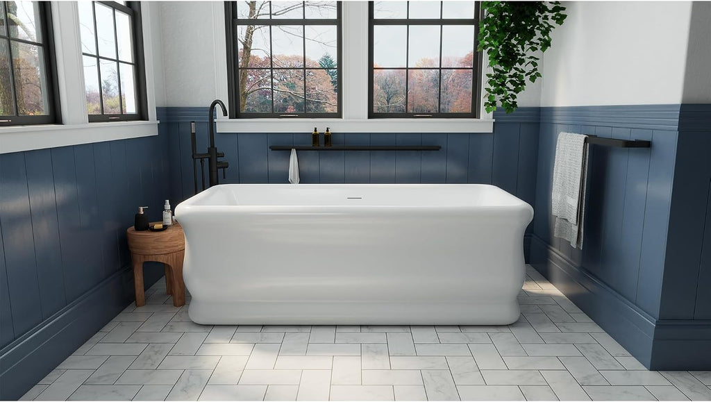 Crest 67 in. L x 31-1/2 in. W x 24-1/2 in. H Freestanding Acrylic Bathtub, Brushed Nickel Drain