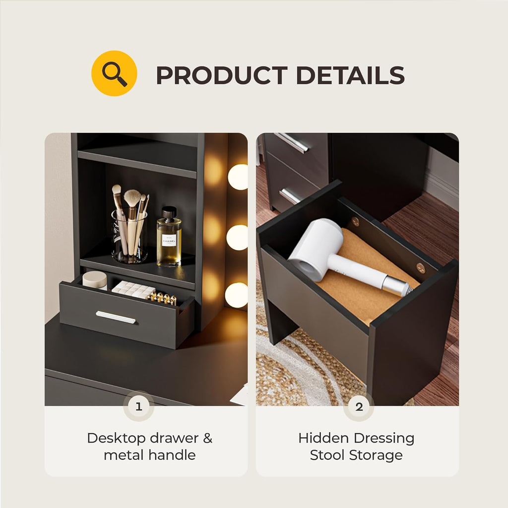 Otterease Vanity Desk with LED Lighted Mirror&Power Outlet, 3 Lighting Colors Makeup Vanity Desk with 5 Large Drawers and 3 Storage Shelves, Black Vanity with Storage Stool for Bedroom