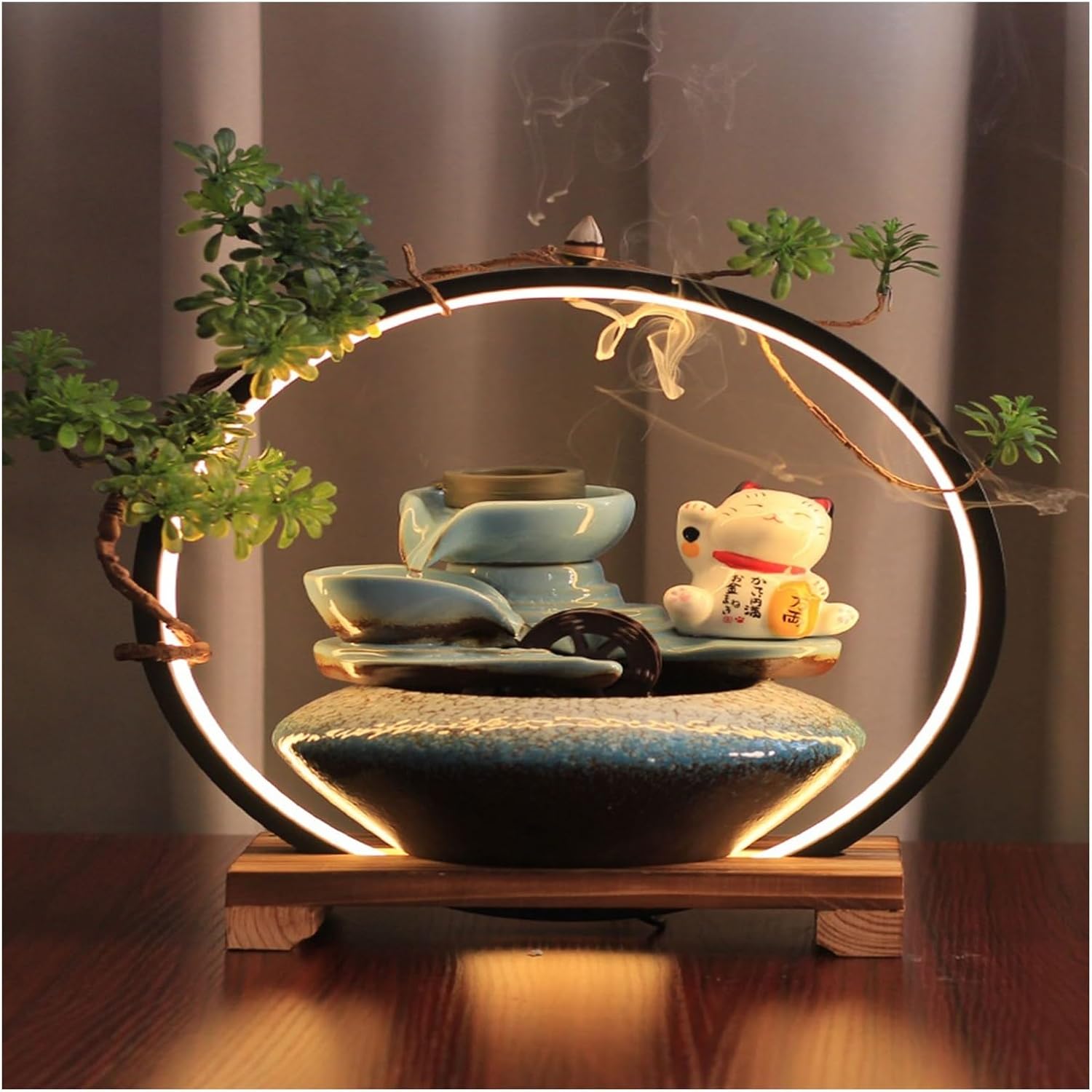 Desktop Fountain， Zen Garden Mini Fish Tank with Lucky Cat Fountain - New Office Desk Water Feature - Feng Shui Gift for Home and Business,Interior Decorations