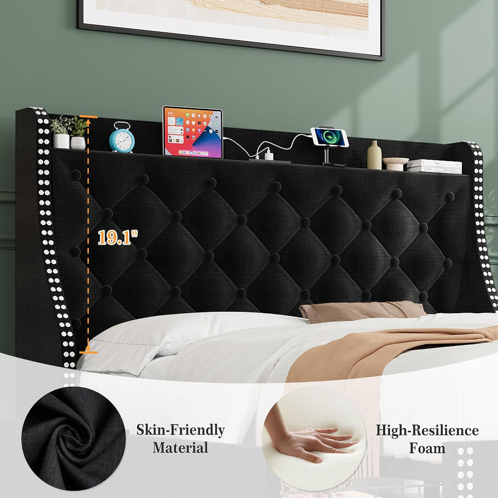 Upholstered Full Bed Frame with 4 Storage Drawers，Wingback Headboard with Charging Station, Diamond Stitched Button Tufted Design, No Box Spring Needed, Black