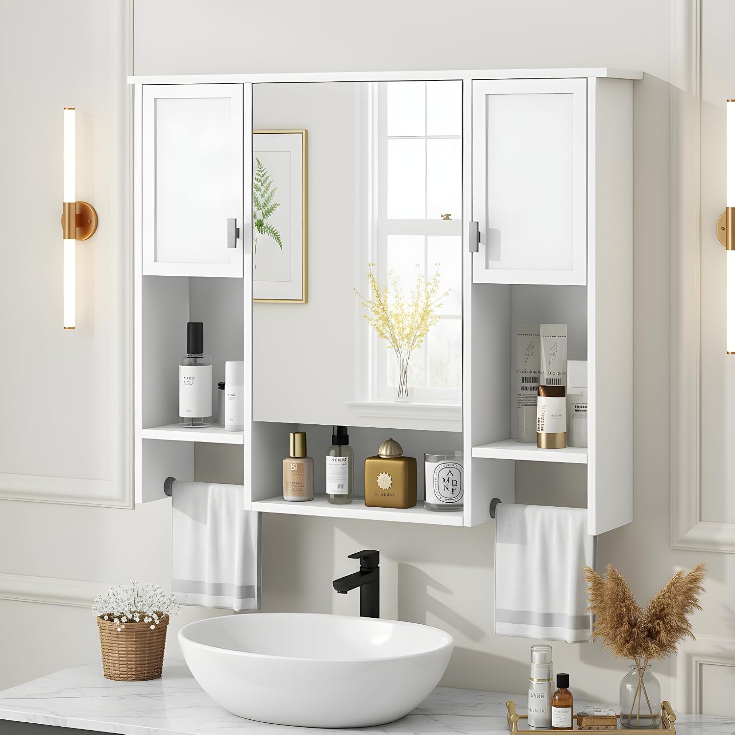 Merax Medicine Cabinet with Mirror, Wall Mount Bathroom Cabinet 35' x 28' Over Toilet Storage Cabinet Organizer with Doors, Open Shelves, and Towel Bars, Mirrored Bathroom Wall Cabinet