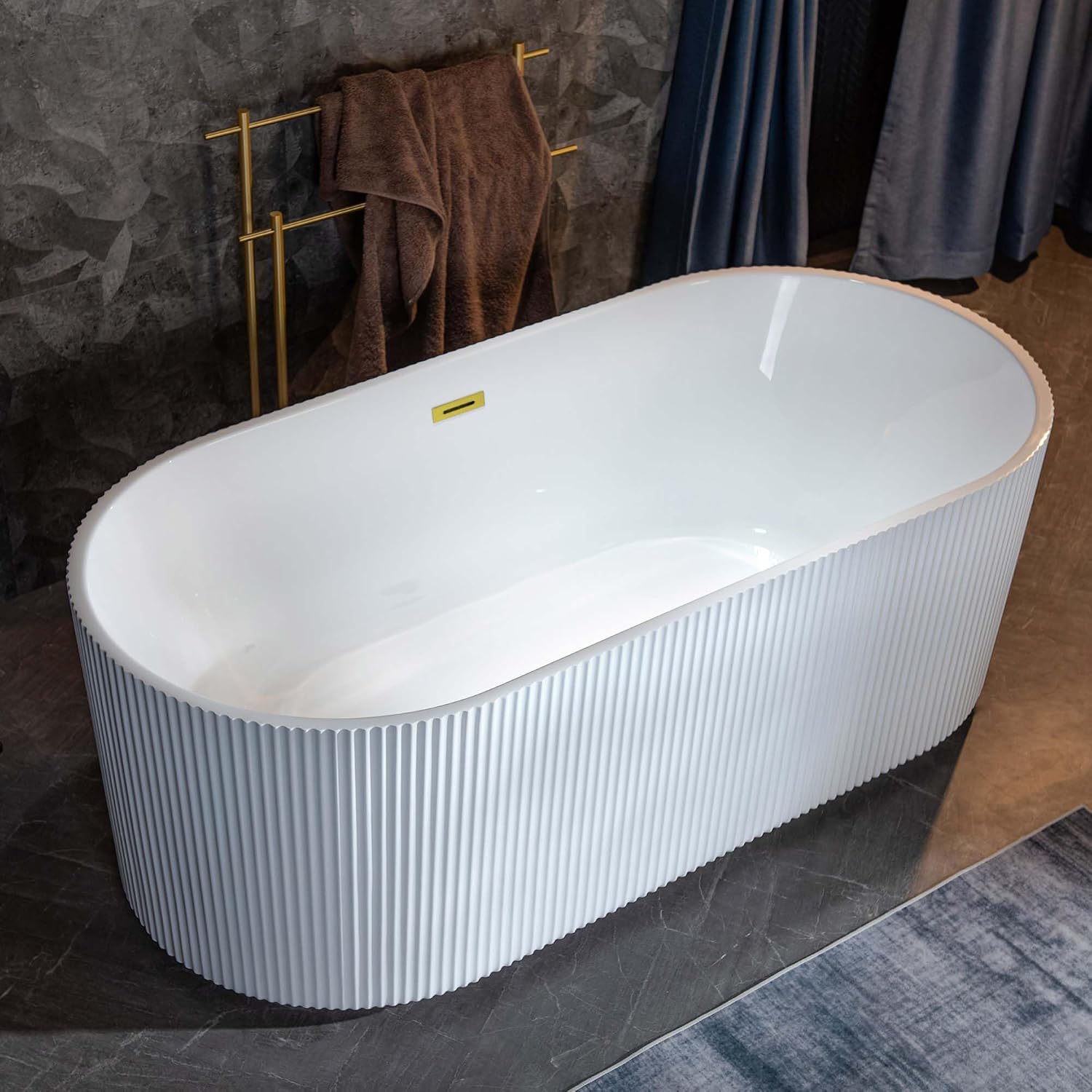 WOODBRIDGE 67' L x 31-1/2' W Freestanding Contemporary Soaking Bathtub,Unique Pleated Design,with Brushed Gold Pop-Up Drain Drain and Overflow Option, White,B1526-BG