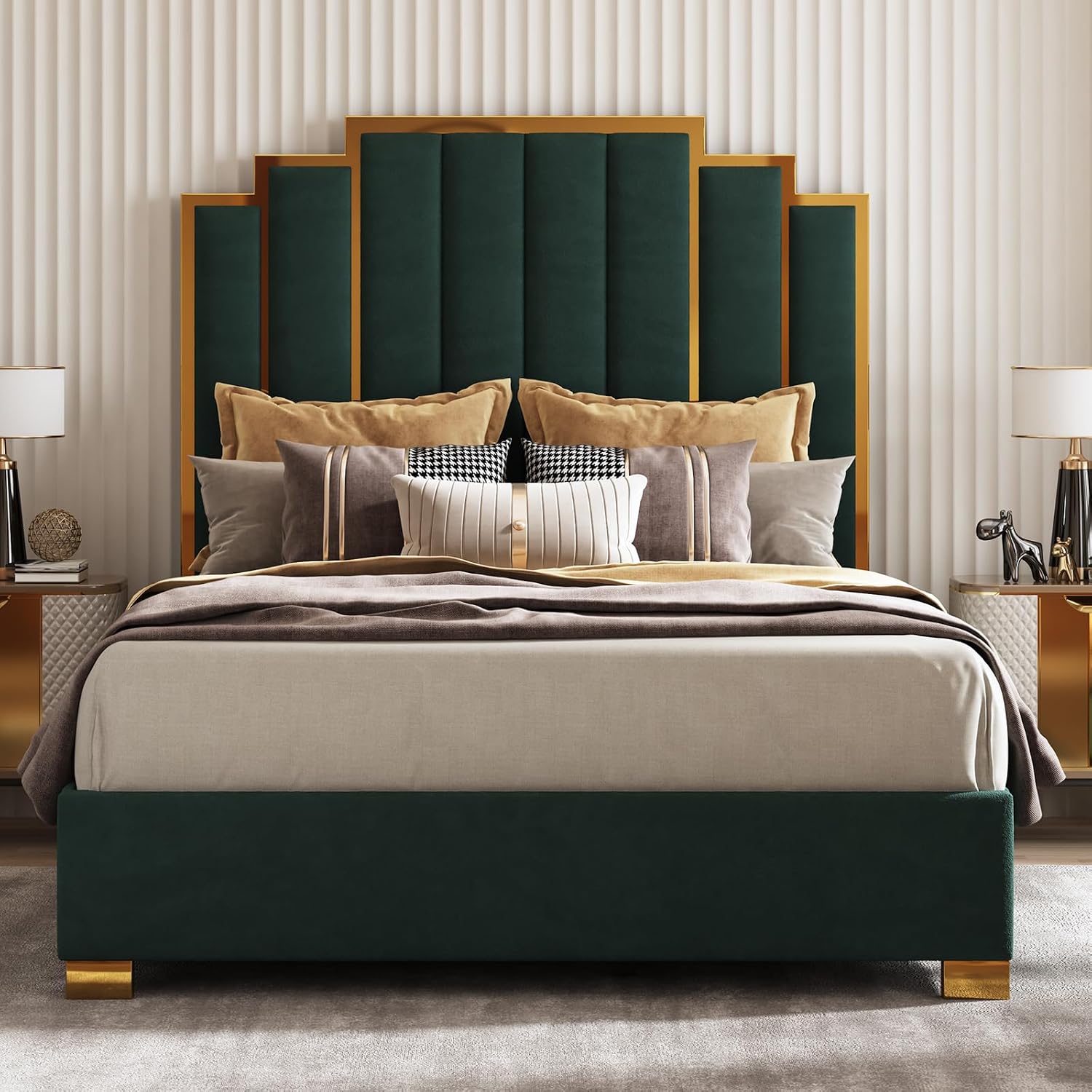 AMERLIFE Queen Size Upholstered Bed, Modern Velvet Bed Frame with 61.4' Tall Gold Trim Headboard, No Box Spring Needed, Green