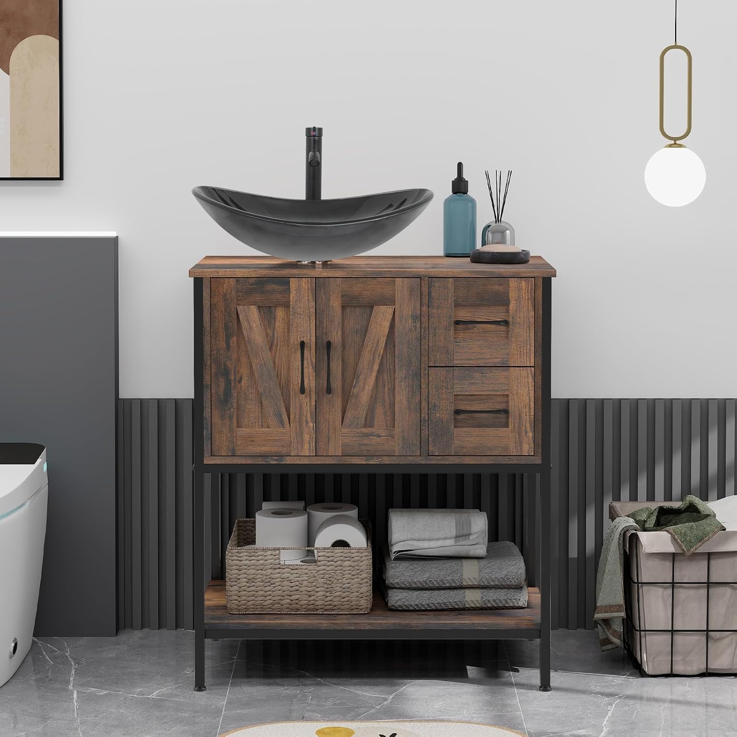 YOURLITE Bathroom Vanity, 30' Farmhouse Bathroom Vanity with Sink Combo Set, Rustic Brown Modern Wood Cabinet with Black-White Gradient Boat Sink