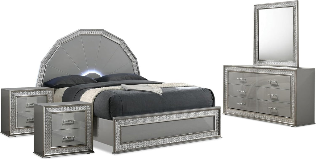 Furniture of America Santte Glam Solid Wood 5-Piece Bedroom Set with 7-Ray Headboard and Rectangle Mirror, Backlit LED, Metallic Scale Molding Trim, No Box Spring Needed, Queen, Metallic Gray