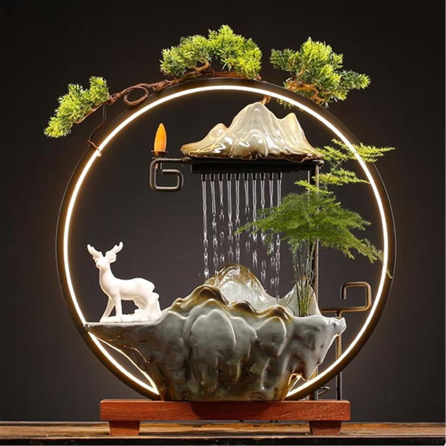 Tabletop Fountain Chinese Ceramic Waterfall Fountain Indoor with LED Light Ring and Backflow Incense Burner Holder