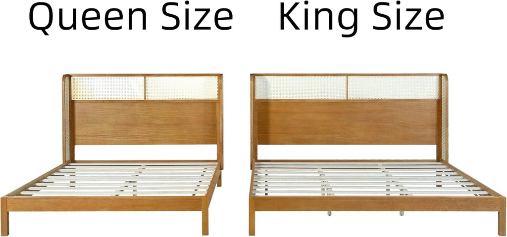 Merax Queen Size Premium Rubber Wood Platform Bed Frame, with Headboard, Mid Century Modern, Natural