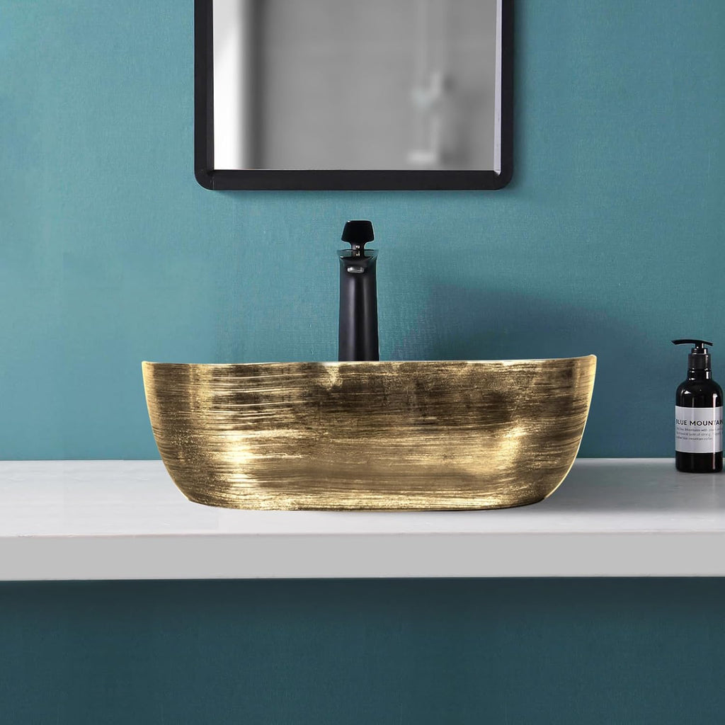 Strictly Sinks 19 Inch Rectangular Gold & White Ceramic Countertop Vessel Sink Easy to Install Above Counter Luxurious Bathroom Sink (19-3/4' W x 16' L x 6'H)