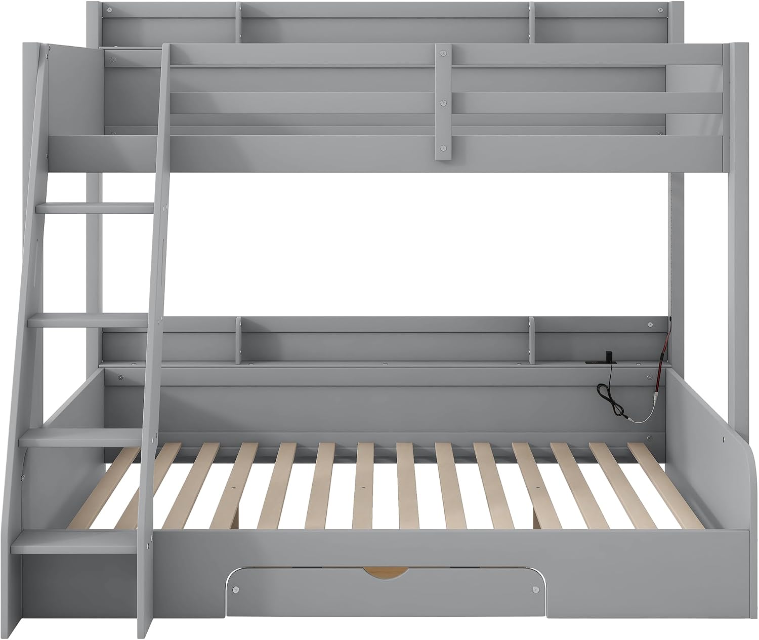 RUNNA Twin Over Full Bunk Bed with Storage Shelves, LED, Charging Station and a Drawer, Solid Wood Bunk Bed for Kids, Teens, Adults (Grey/LED)