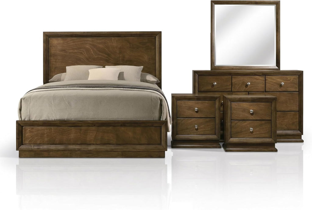 Furniture of America Extan Modern Solid Wood 5-Piece Bedroom Set with Beveled Corner, Metal Center Glide, Zinc Iron Bronze Knobs, Box Spring Needed, King, Walnut