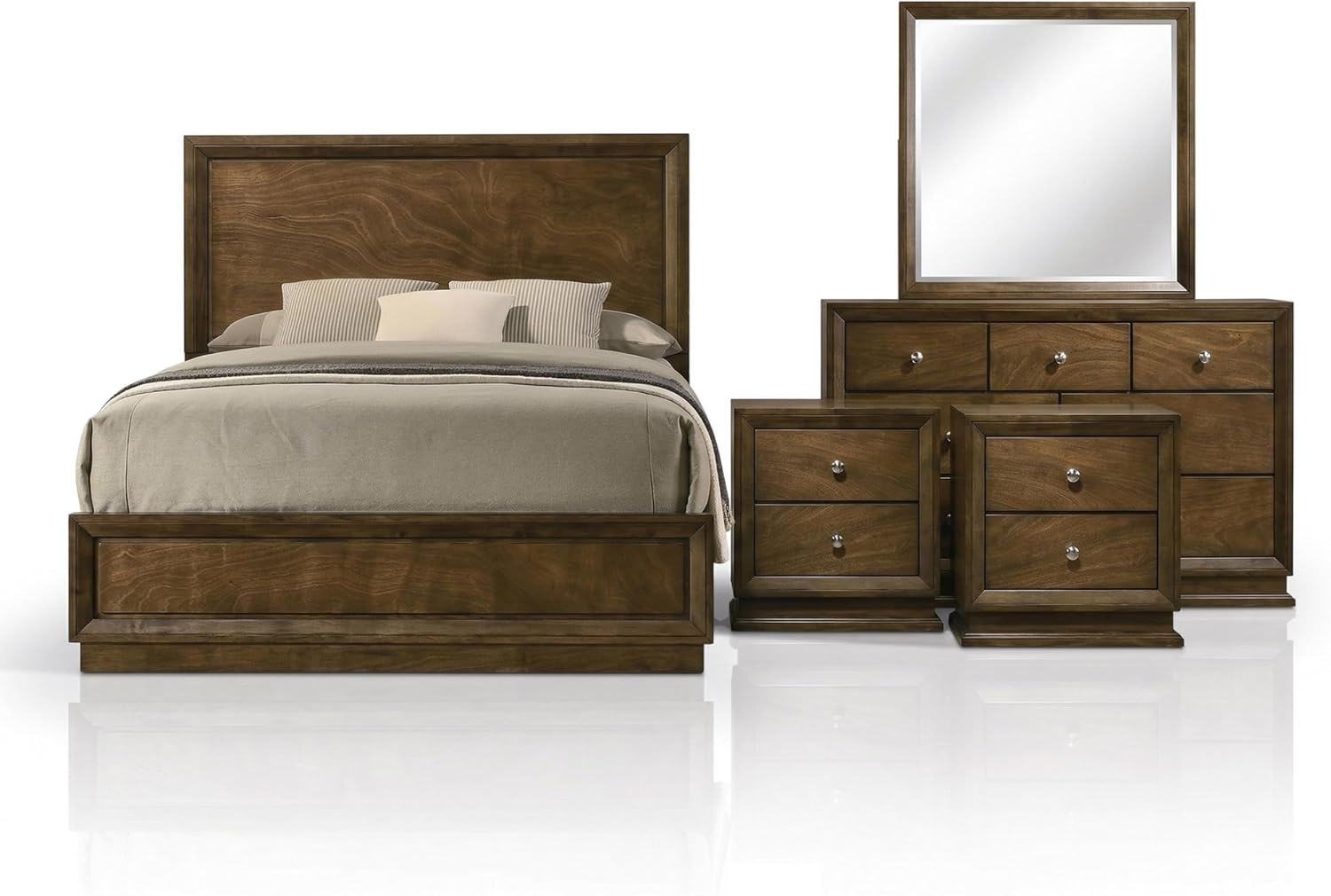Furniture of America Extan Modern Solid Wood 5-Piece Bedroom Set with Beveled Corner, Metal Center Glide, Zinc Iron Bronze Knobs, Box Spring Needed, Full, Walnut