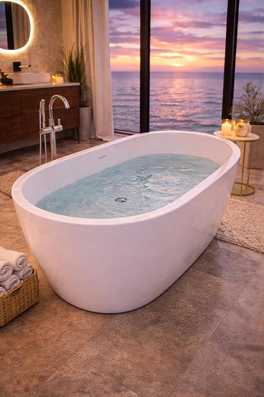 ANZZI Freestanding Bathtub Acrylic 59 In Flat Bottom Soaking Tub White Mone Series Compact Design Built In Overflow 53 Gal Capacity Modern Bathroom Fixture AMZFT903-59 | SKU Glossy Finish Deep Soak