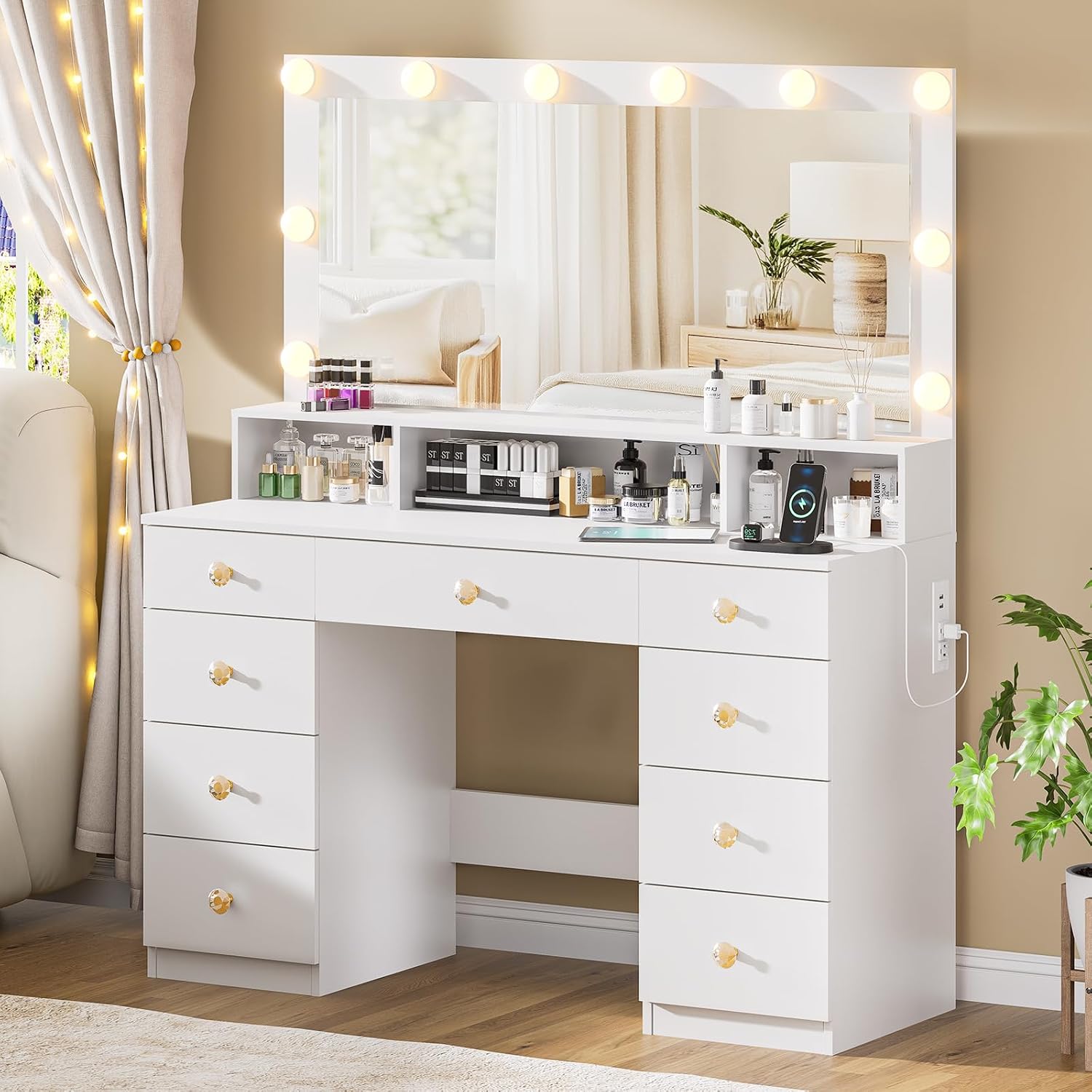 White Vanity with Lighted Mirror, Makeup Vanity Desk with Power Outlet, 9 Drawers & Shelf Storage, 43.3' Large Vanity Desk, Women Girls Vanity Dressing Table for Bedroom Bathroom