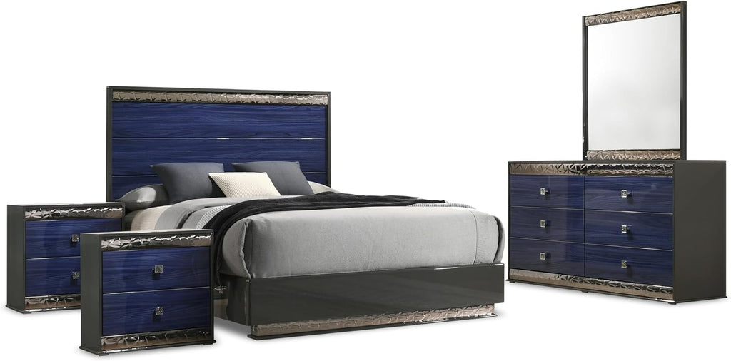 Furniture of America Scape Glam Solid Wood 5-Piece Bedroom Set with Geo Chrome Molding, Felt-Lined Top Drawer, Metal Side Glide, Square Knobs, No Box Spring Needed, King, Indigo Blue