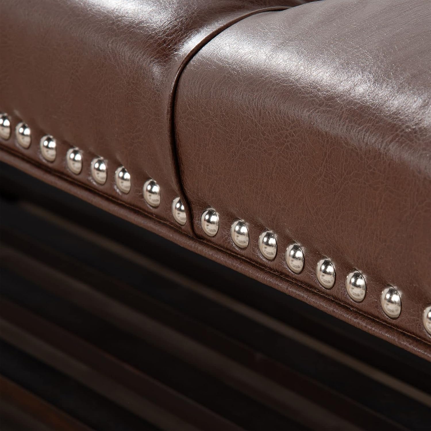 60in Button-Tufted Leather Indoor Bench, Brown Upholstered Shoe Bench Entryway, Bedroom Bench Seat, End of Bed Ottoman, Vanity Bench with Wooden Base Shoes Rack (Brown+Wooden)