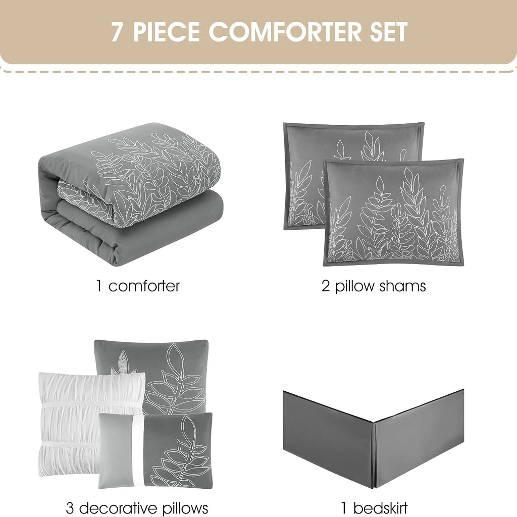 Stratford Park Grey Leaves King Bed Comforter Set, 7 Piece, Pillow Sham, Bedskirt, Decorative Pillow, Home Decor, All Season
