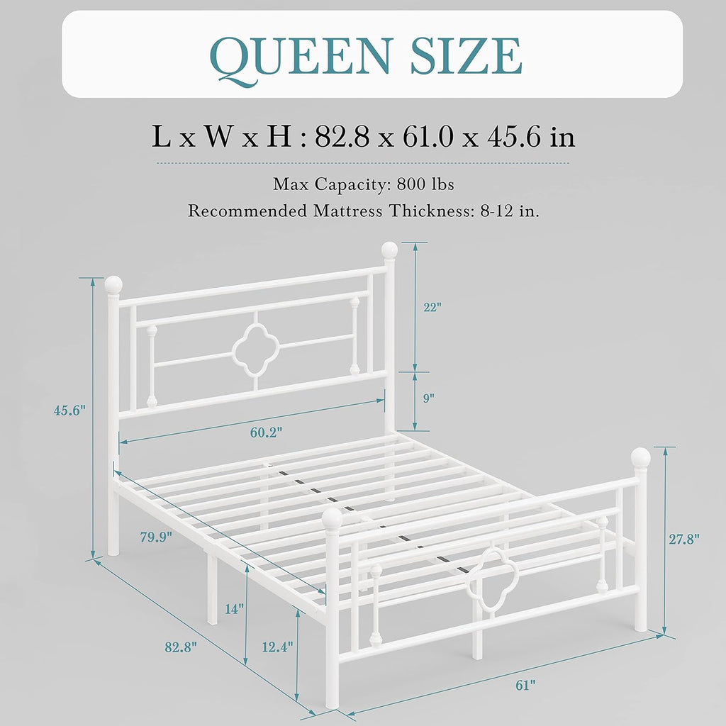 HOOMIC 14 Inch Queen Size Metal Platform Bed Frame, Vintage Victorian Style, Wrought Iron Headboard and Footboard/Mattress Foundation for Storage/No Box Spring Required/Easy Assembly/White