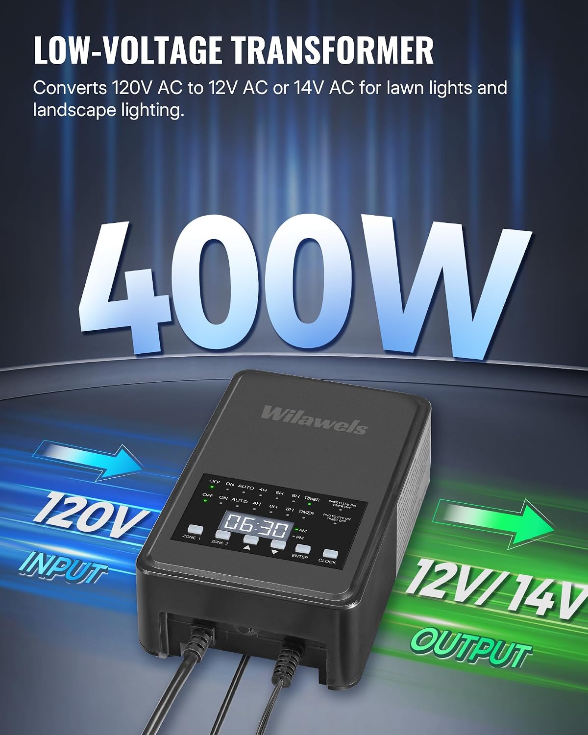 400W Low Voltage Landscape Transformer, 2 Zone Independent Control 120VAC to 12/14V AC Low Voltage Transformer, Landscape Lighting Transformer with Timer & Photocell Sensor ETL Listed D28LT06