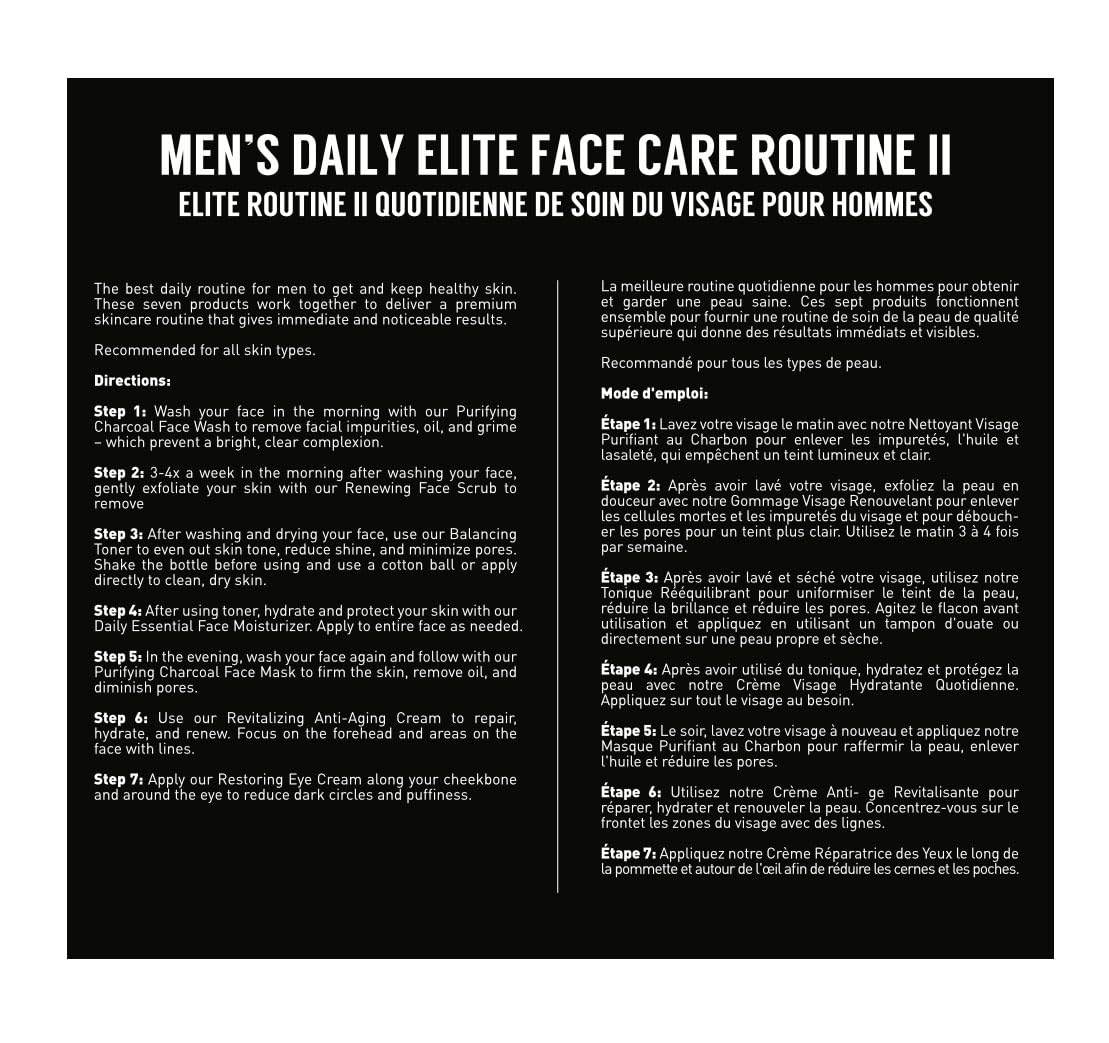 Brickell Men's Daily Elite Face Care Routine II, Toner, Charcoal Face Wash, Face Scrub, Anti-Aging Cream, Eye Cream, Charcoal Mask & Moisturizer, Activated Charcoal, Peptides, Hyaluronic Acid, Scented