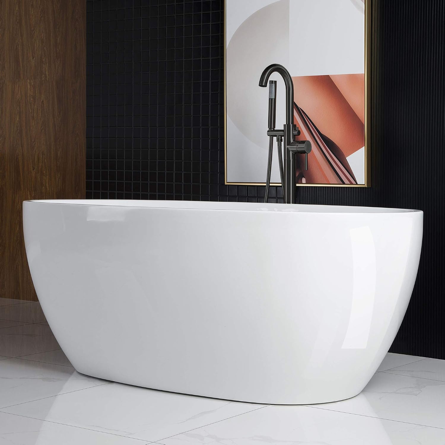 WOODBRIDGE 67' Acrylic Freestanding Bathtub Contemporary Soaking White Tub with Oil Rubbed Bronze Overflow and Drain，BTA1528-ORB