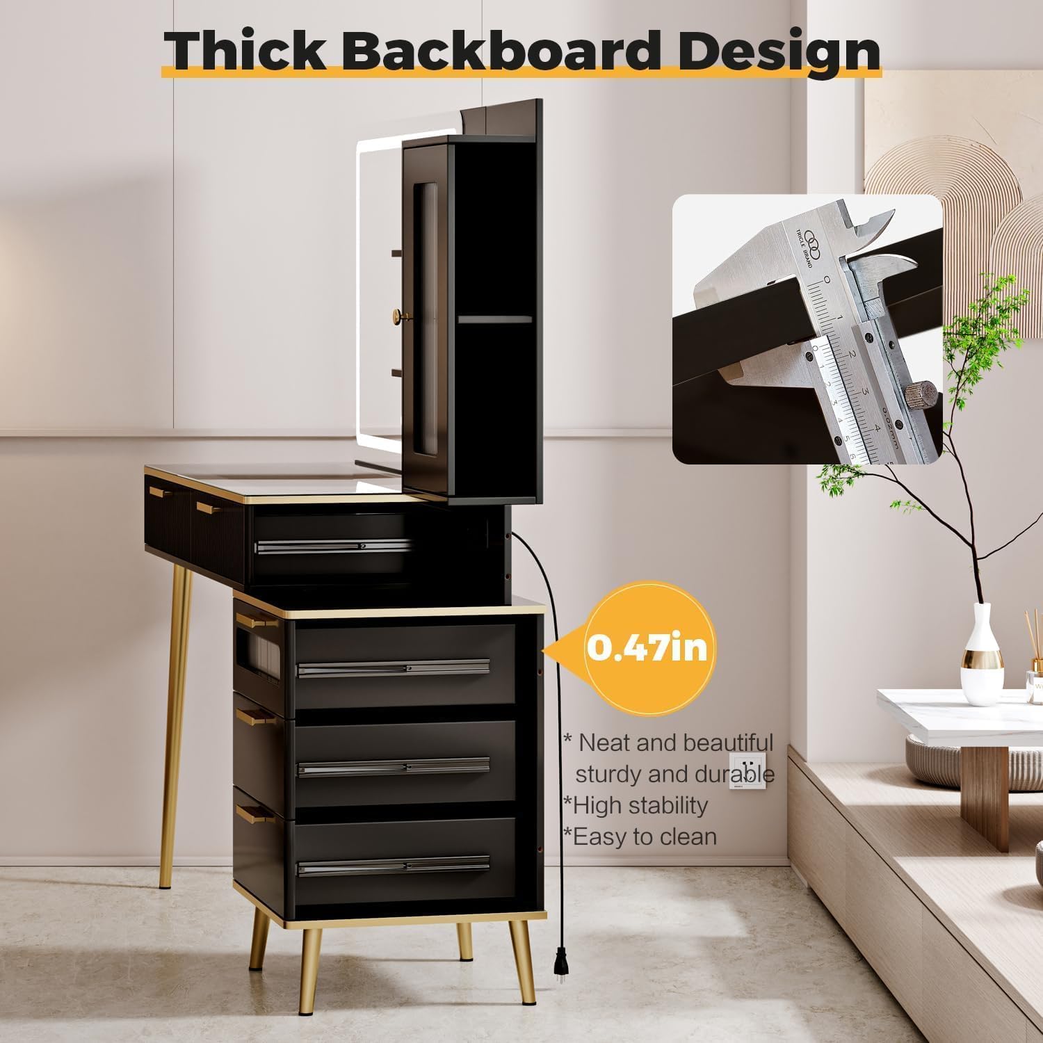Arulvmrn 47.24' Big Modern Vanity Desk with Mirror and Lights, Vanity Desk with 29.53' HD Lighted Mirror, Makeup Vanity with 5 Drawers and Storage Shelves and Charging Station, Black2