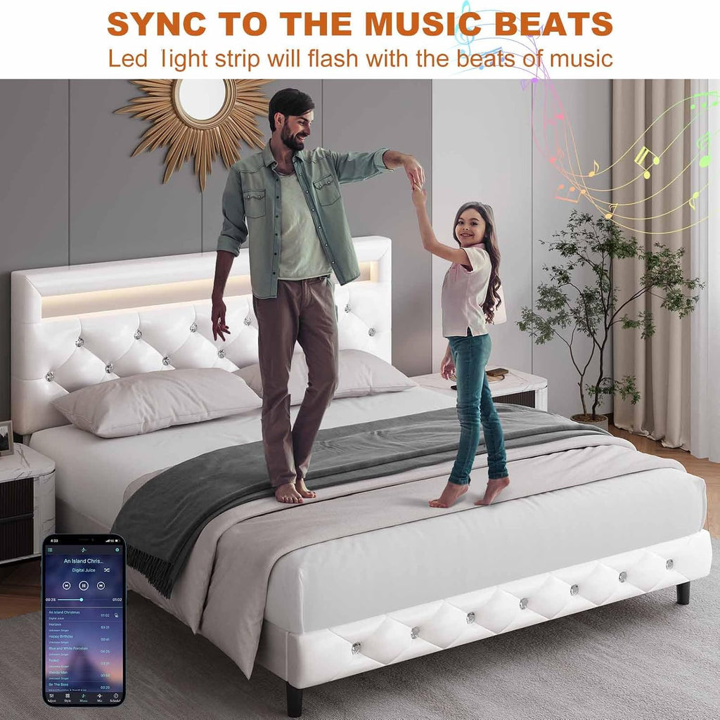 Keyluv Modern Upholstered Queen Bed Frame with LED Lights, Faux Leather Low Profile Platform Bed Frame, Adjustable Crystal Button Tufted Headboard, Strong Wood Slat Support, Easy Assembly, White