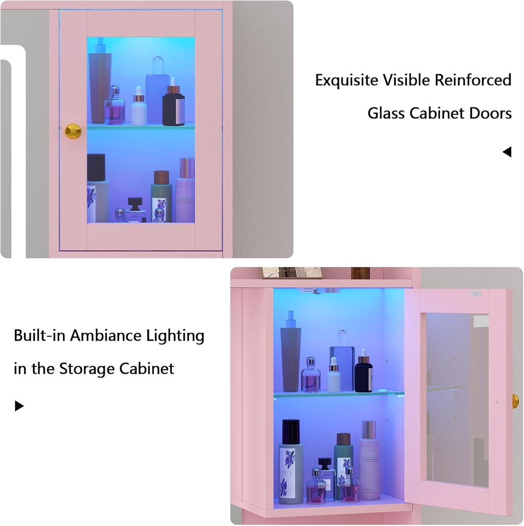 CSZZD Vanity Desk with LED Lighted Mirror, 41.3' Makeup Vanity Table with Power Outlet and 6 Drawers & Storage Shelves for Bedroom, Dressing Table with RGB Cabinets, Pink