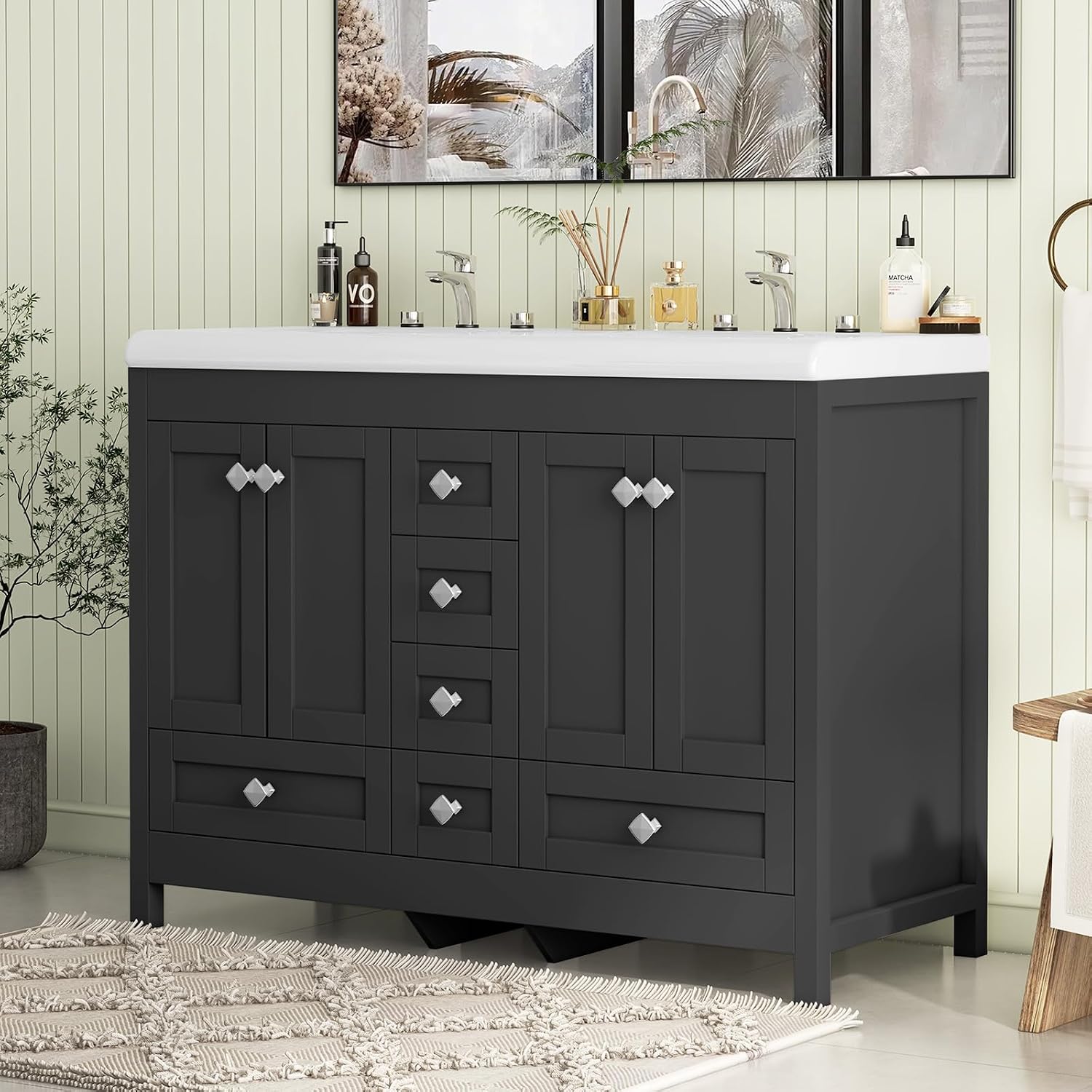 Bathroom Vanities with Sink Combo, 48' Modern Double Bathroom Vanity with 4 Doors & 5 Drawers, Freestanding White Bathroom Cabinet with Double Ceramic Sink, Black