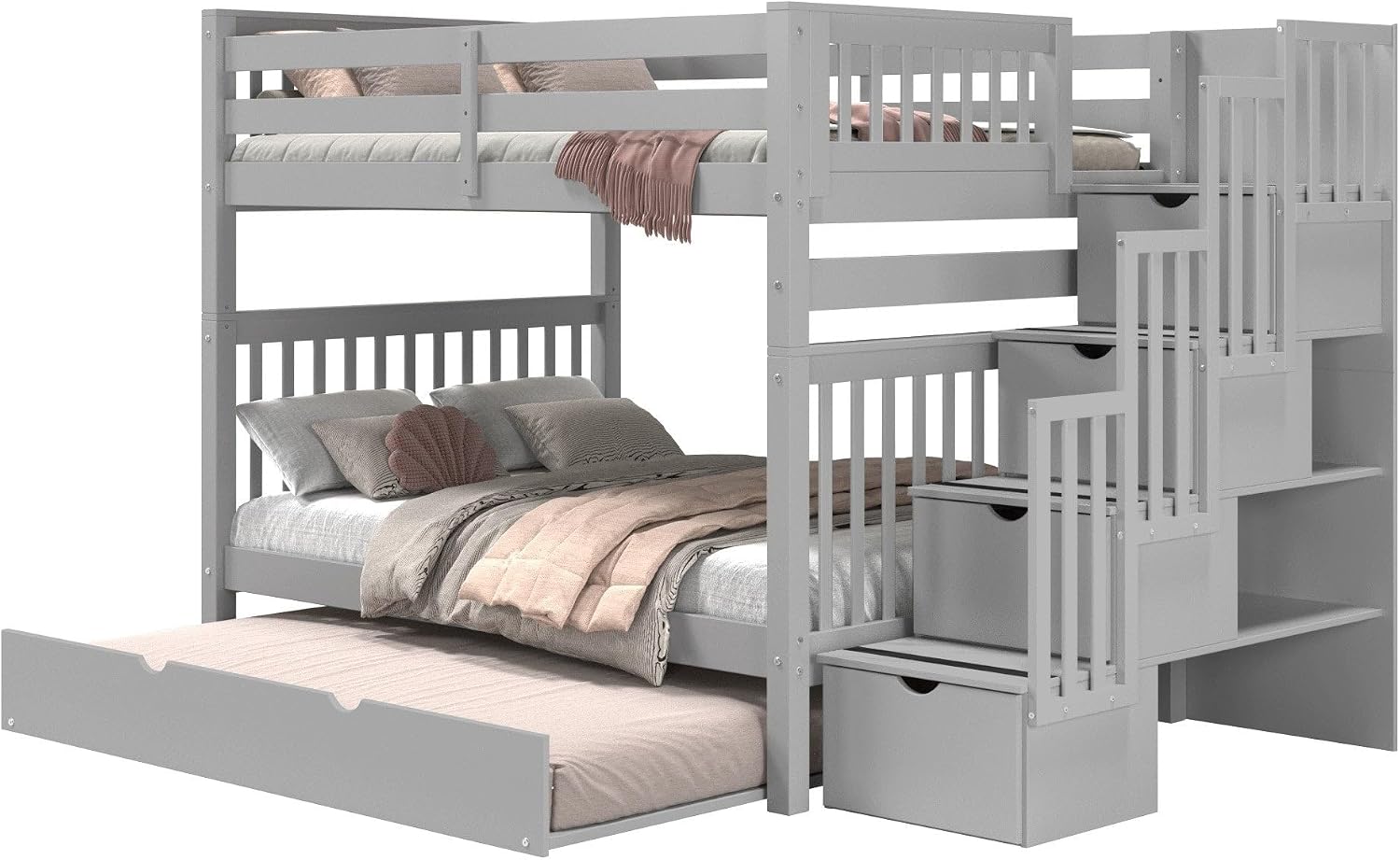 Bedz King Stairway Bunk Beds Full Over Full, 4 Step Drawers, Twin Trundle, Gray
