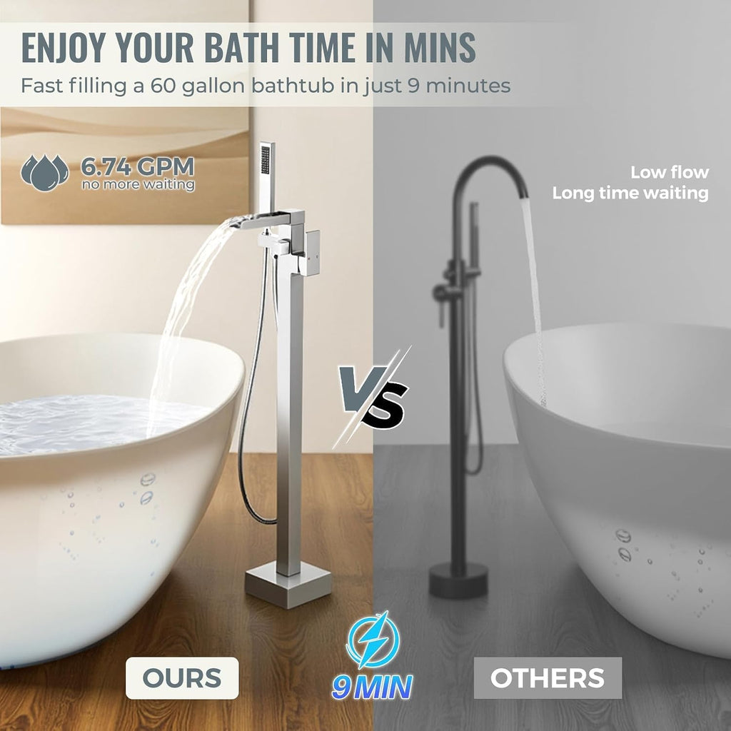 Freestanding Tub Faucet Brushed Nickel: ALEASHA High Flow Max 6.74 GPM Free Standing Tub Filler - Brass Modern Floor Mount Bathtub Faucet with Handheld Shower, for The Ultimate Elegant SPA Experience