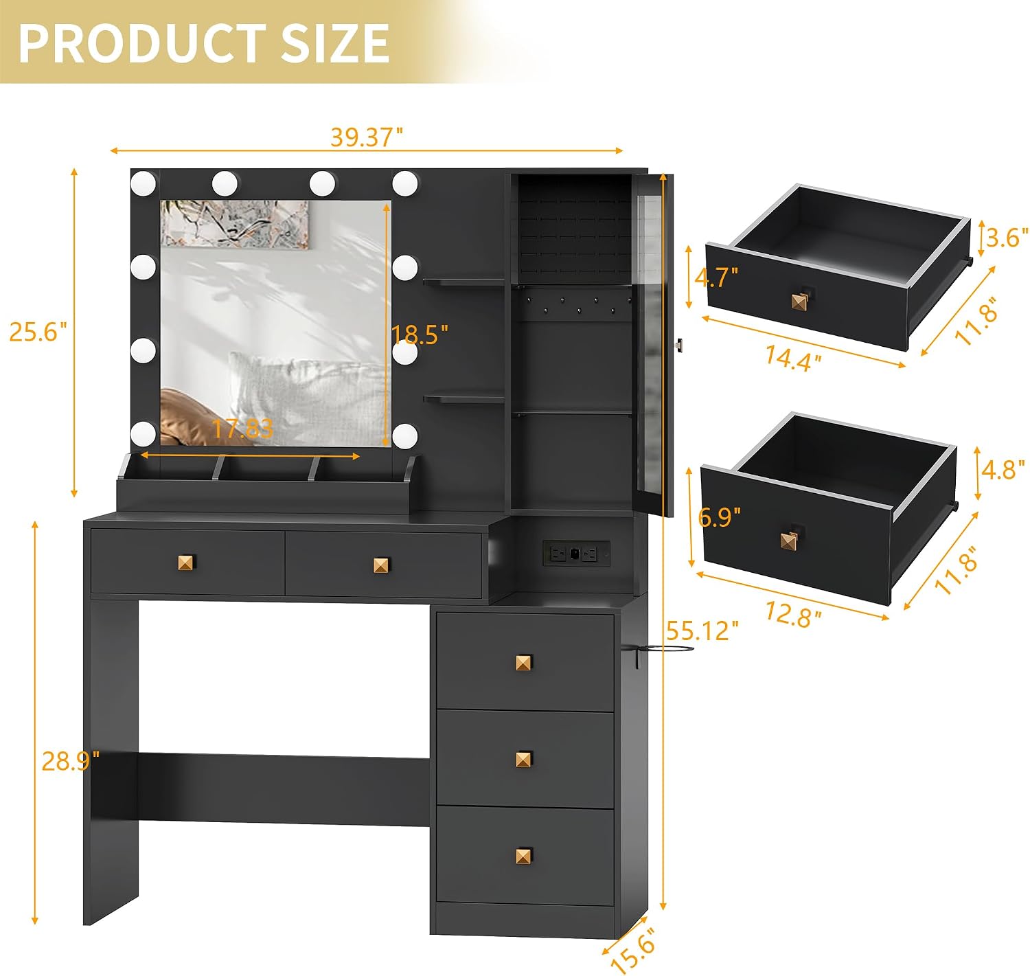 Xixini Vanity Desk with Mirror and Lights, Makeup Vanity Table Set with 5 Storage Drawers, Power Outlet, Small Dressing Table with RGB Ambient Light, Adjustable Brightness for Girls Bedroom, Black