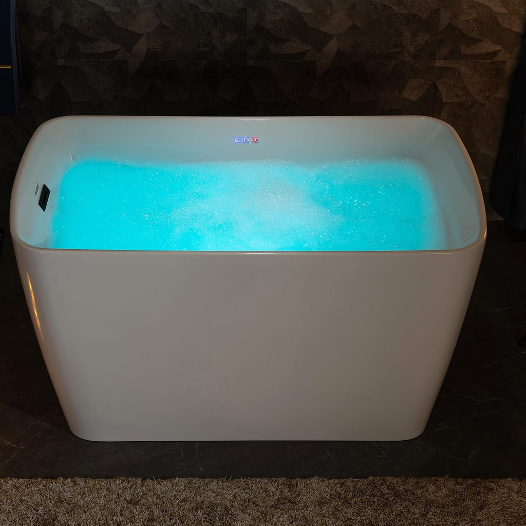 WOODBRIDGE 48' Acrylic Freestanding Rectangular Air Bath Bathtub with Pre-molded Seat and Matte Black Pop-Up Drain and Overflow Option, White, B0170-MB