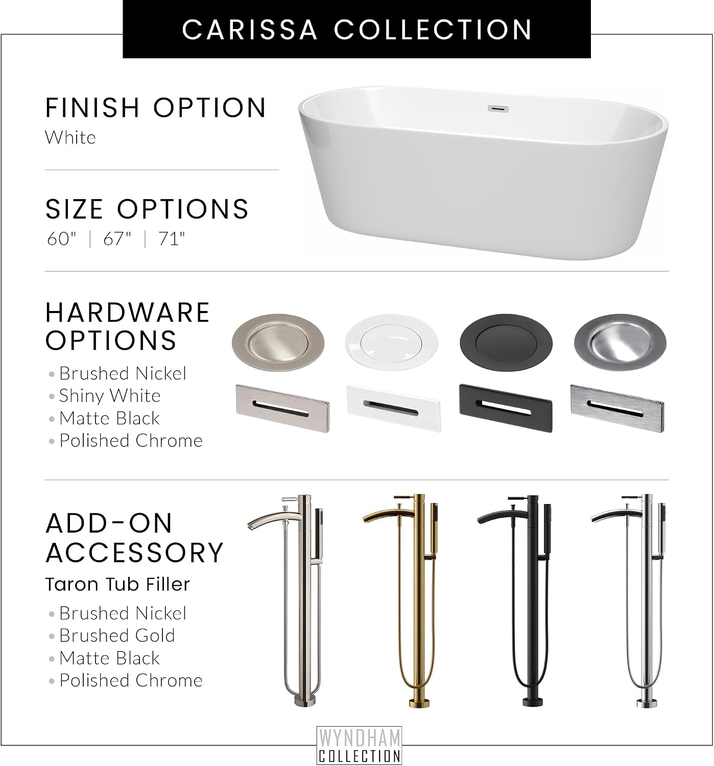 Carissa 60 Inch Freestanding Bathtub in White with Matte Black Drain and Overflow Trim