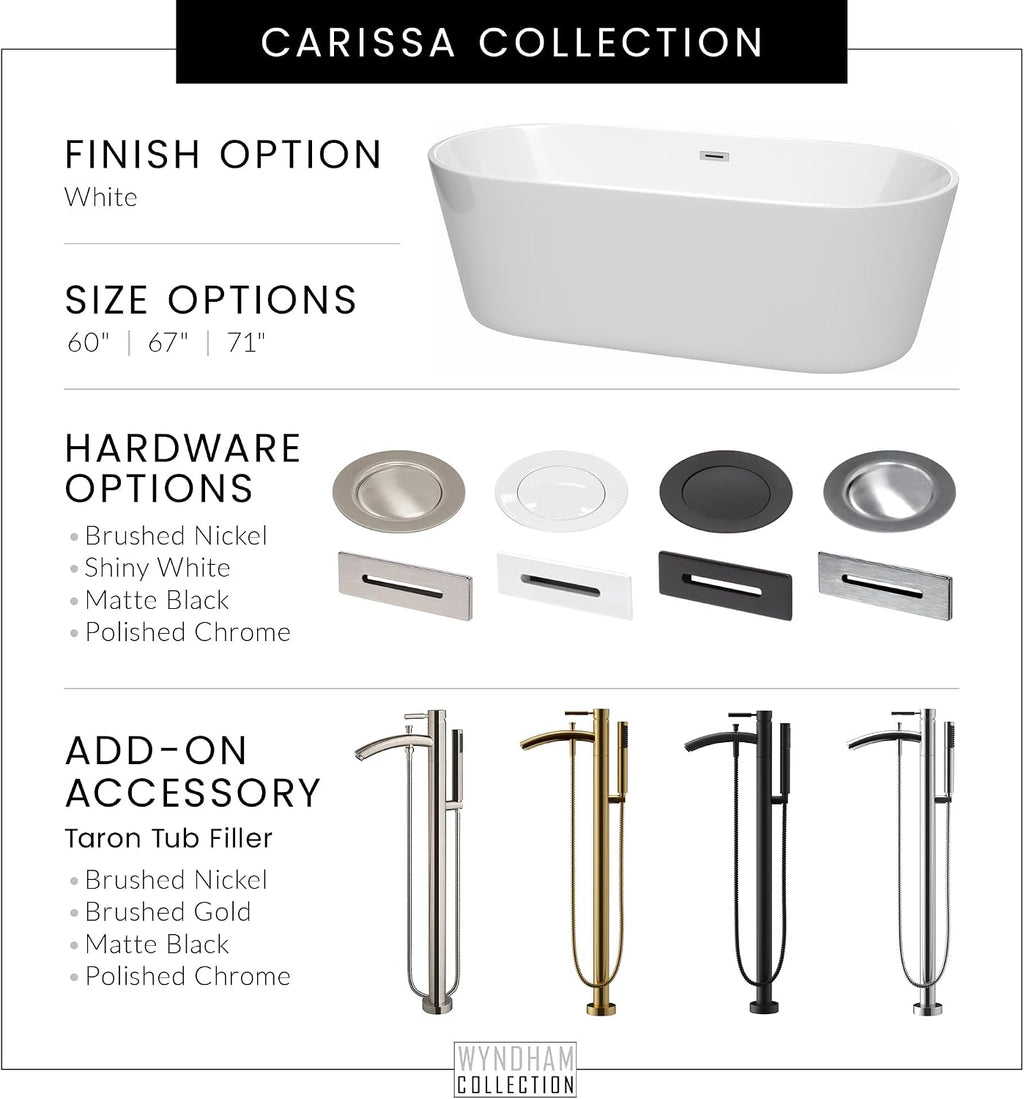Carissa 67 Inch Freestanding Bathtub in White with Shiny White Trim and Floor Mounted Faucet in Matte Black