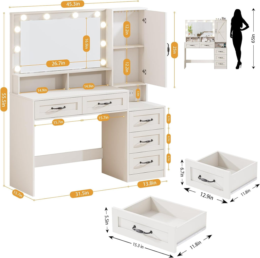 DINGIPP Farmhouse Vanity Desk with Mirror and 10 Led Lights, 45.3' Large Makeup Vanity Table with Power Outlet, 5 Drawers and 1 Cabinet, Vanity Set Dressing Table with 9 Hooks for Women Girls (White)