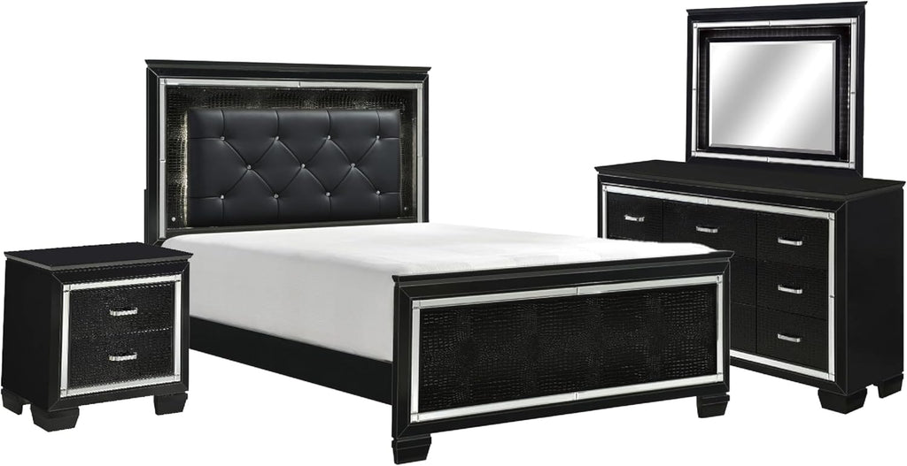 Benzara Alen 4 Pc Queen Size Bedroom Set, Button Tufting, Mirror Trim, Black