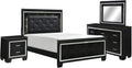 Benzara Alen 4 Pc Queen Size Bedroom Set, Button Tufting, Mirror Trim, Black