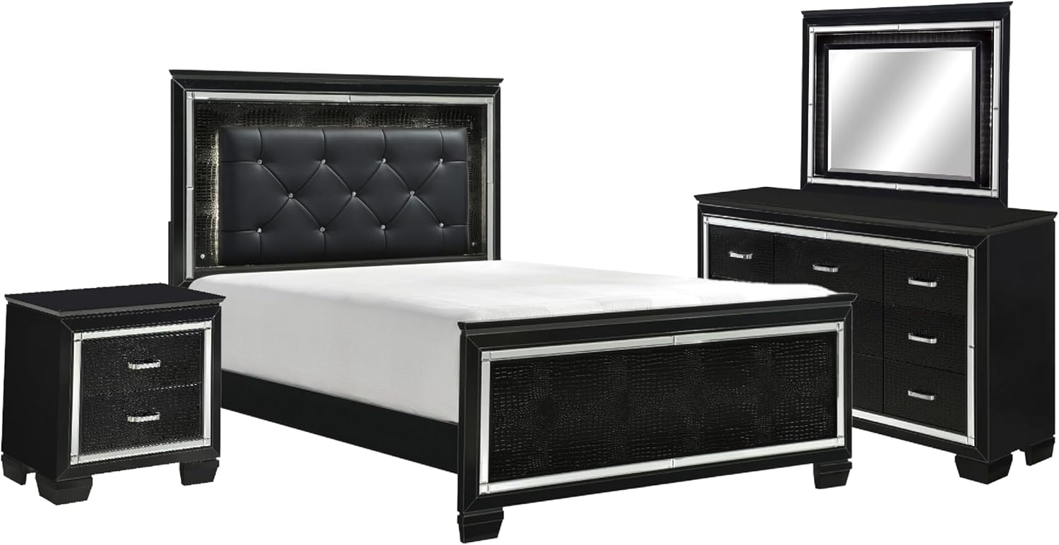 Benzara Alen 4 Pc Queen Size Bedroom Set, Button Tufting, Mirror Trim, Black