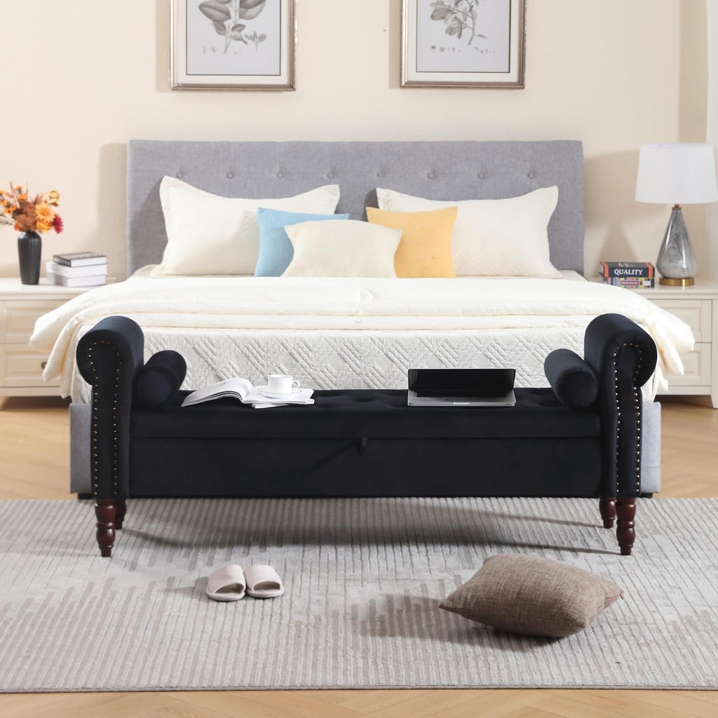 Storage Bench for Bedroom King Size, 67' End of Bed Storage Bench, Upholstered Tufted Storage Ottoman Benches, Velvet Bench with Storage and Arms for Bedroom, Living Room, Entryway, Black