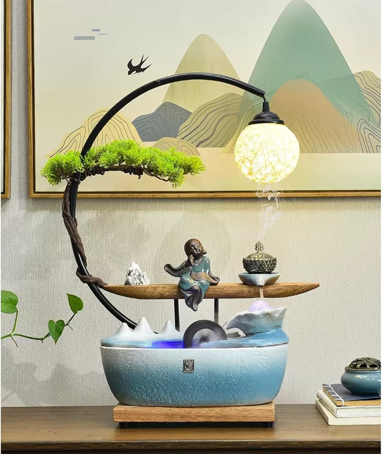 Tabletop Fountain Indoor Fountain Zen Meditation Desktop with Rattan Ball Lamp and Incense Burner Relaxation Waterfall Fountains Water Feature Tabletop for Home Office Decor