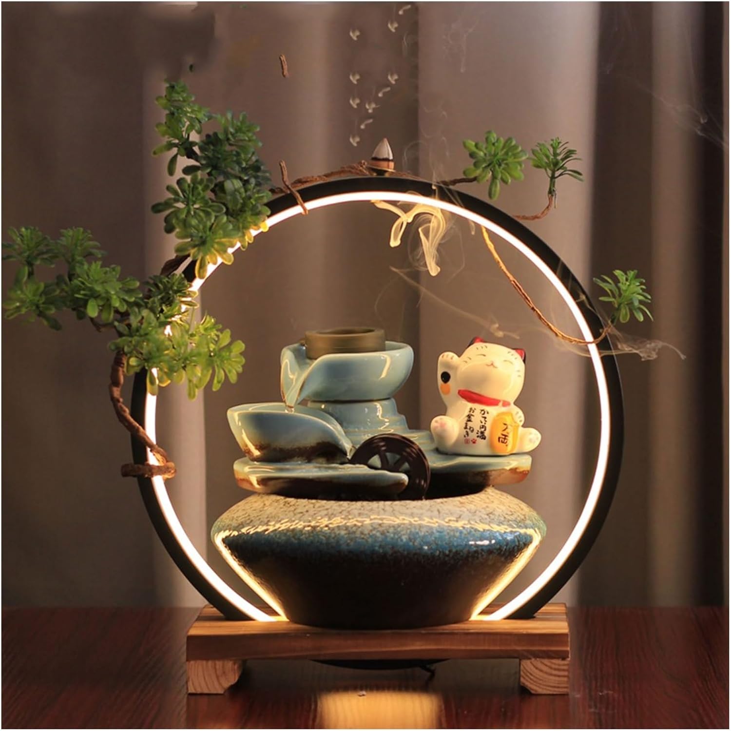 Desktop Fountain， Zen Garden Mini Fish Tank with Lucky Cat Fountain - New Office Desk Water Feature - Feng Shui Gift for Home and Business,Interior Decorations