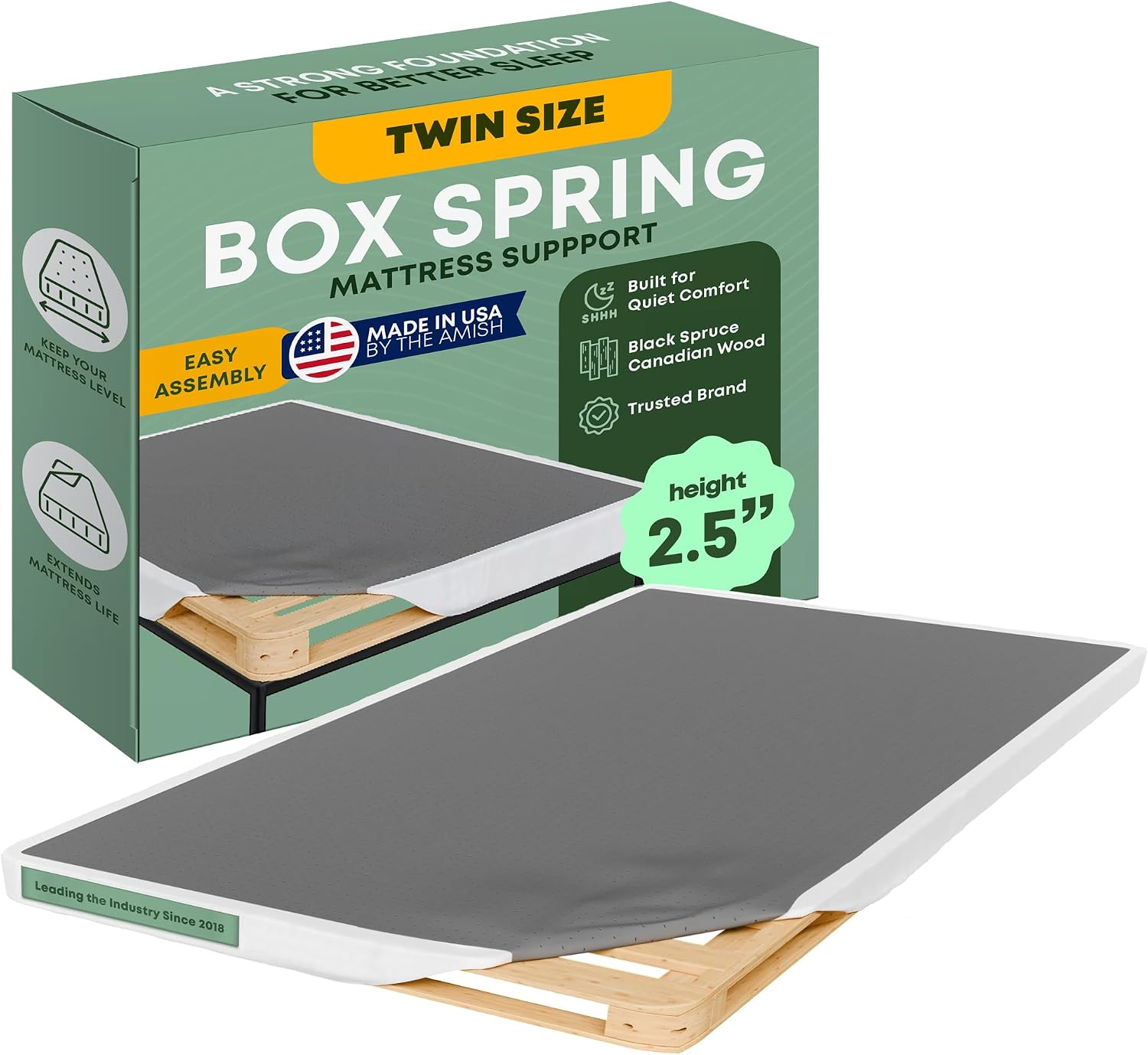 Greaton, 2.5' Twin Box Spring Only for Twin Size Bed – Amish-Made in the USA – Solid Wood Mattress Foundation with Stable & Quiet Support – Flat-Packed & Easy Assembly – White