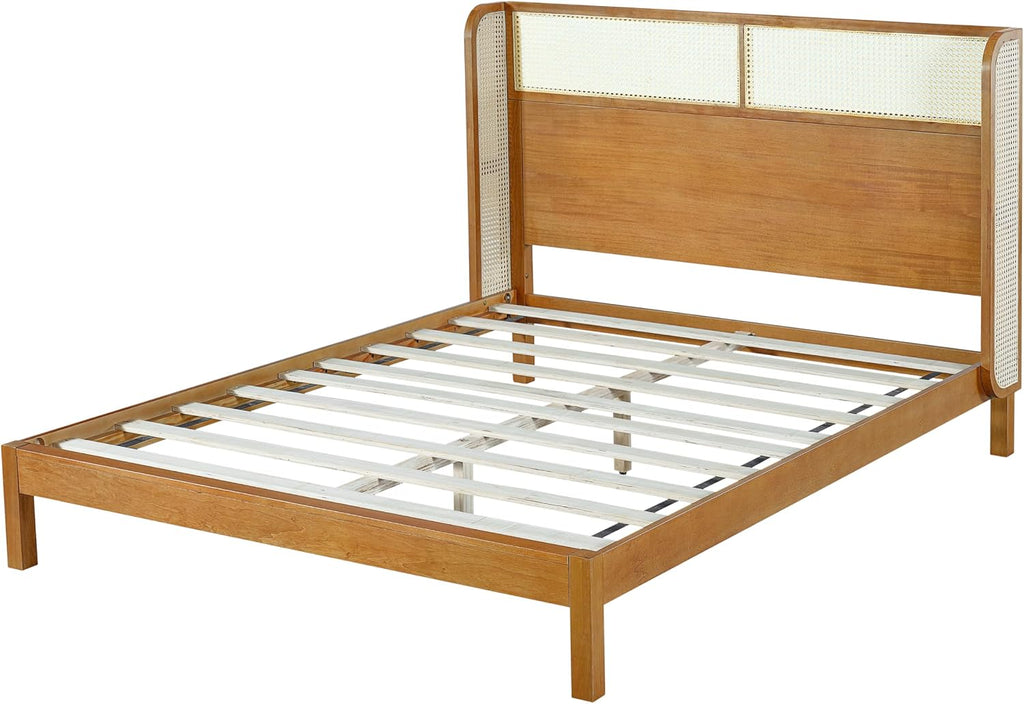 Merax Queen Size Premium Rubber Wood Platform Bed Frame, with Headboard, Mid Century Modern, Natural