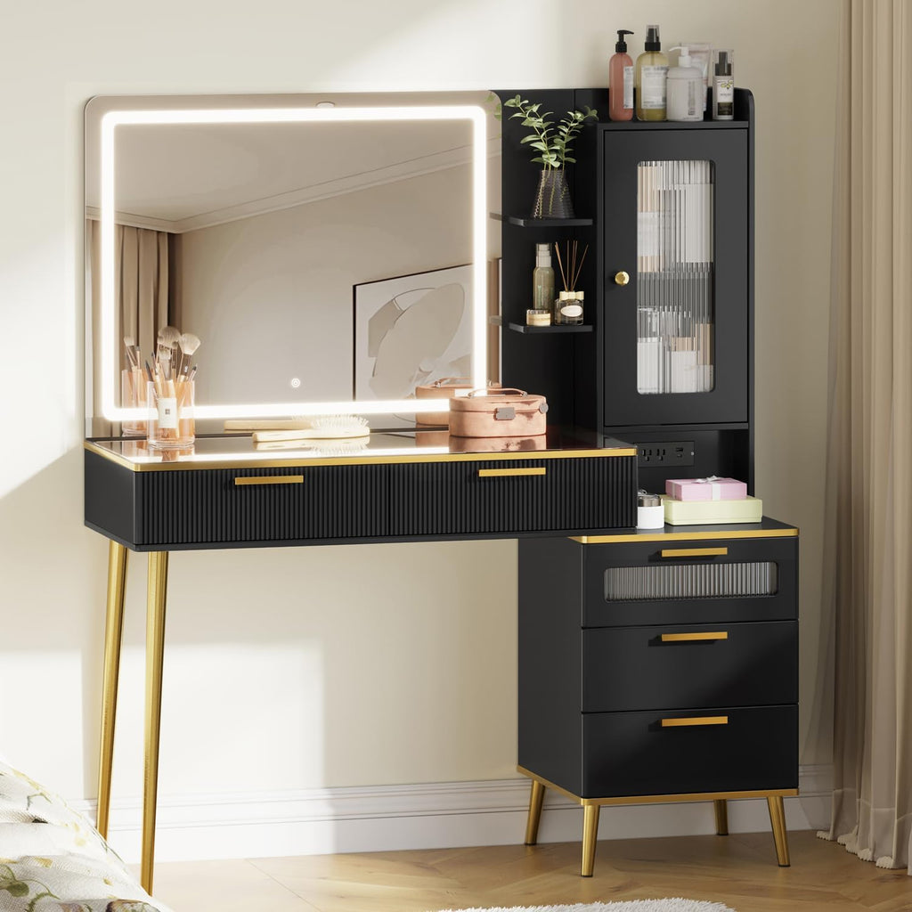 Arulvmrn 47.24' Big Modern Vanity Desk with Mirror and Lights, Vanity Desk with 29.53' HD Lighted Mirror, Makeup Vanity with 5 Drawers and Storage Shelves and Charging Station, Black2