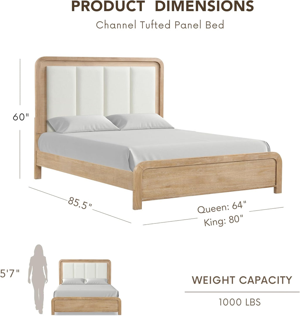 Furniture of America Verena Boho Solid Wood 6-Piece Queen Panel Bedroom Set with Channel Padded Headboard, Metal Side Glide, Finger Pulls and Beveled Mirror, Box Spring Needed, Natural